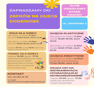 ZAPRASZAMY DO ZAPISÓW NA ZAJĘCIA DODATKOWE Klub Osiedlowy Stare Chojny 2005/2026